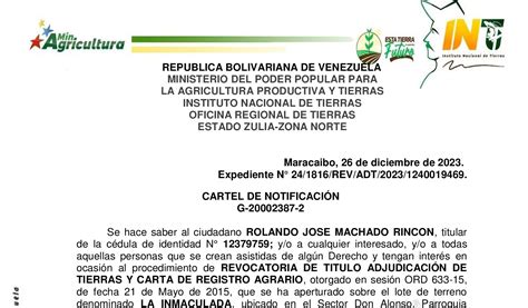 INTI Cartel de Notificación de Revocatoria a Rolando José Machado