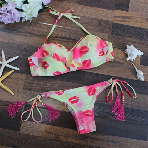 Lip Print Underwire Sexy Bikini Sets Swimwear Padded Halter String