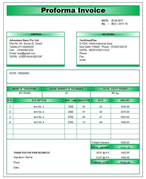 Proforma Invoice Template Excel