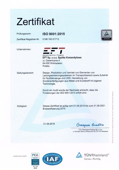 TÜv Rheinland Polen Audit Zertifikat Iso 90012015 Eft