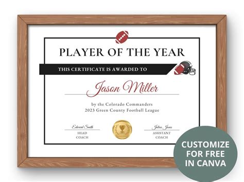 Editable Football Award Certificates Canva Template Printable End Of