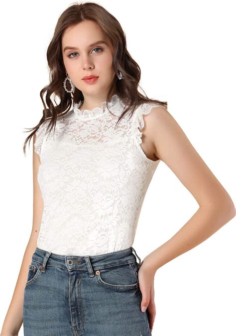 Allegra K Women S Sleeveless Blouse See Through Ruffle Semi Sheer Floral Lace Top White L 16