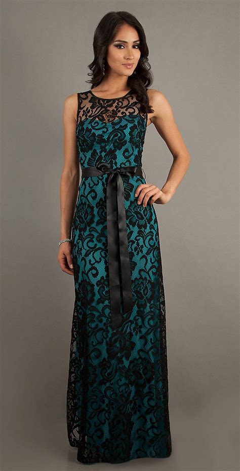 Black Lace Teal Dress Long Wide Straps Sleeveless Ribbon Bow Lace