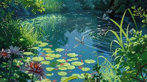 Ghibli Inspired Serene Pond Premium Ai Generated Image