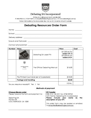 Fillable Online Debating Resources Order Form Debating Sa