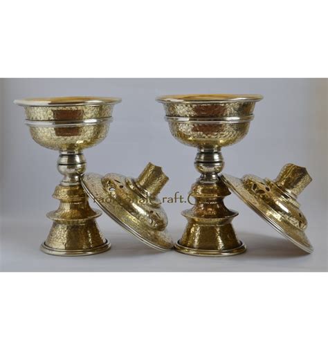 Tibetan Buddhism Brass Butter Lamps Set With Fine Hand Carvings