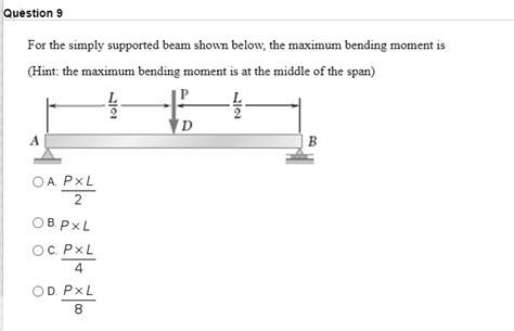 Solved For The Simply Supported Beam Shown Below The Maximum Bending Moment Is 15 Hint The