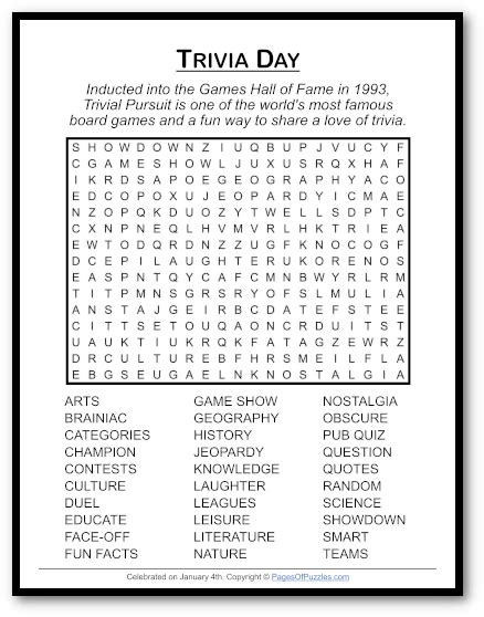 Trivia Day Word Search Puzzle Pages Of Puzzles