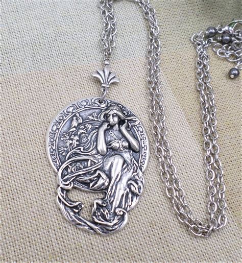 Silver Alphonse Mucha Necklace Art Nouveau Goddess Pendant Etsy