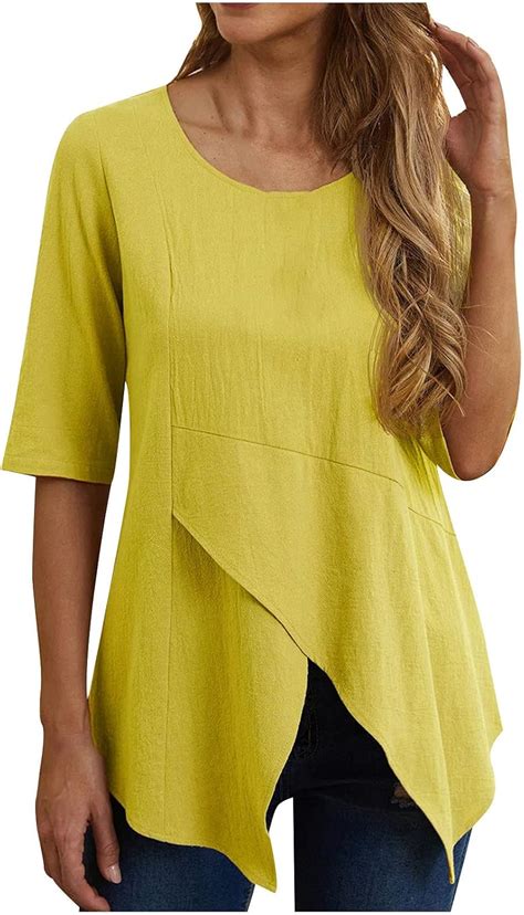 Damen T Shirt Rundhalsausschnitt Einfarbiger Leinen Longshirt Bluse Oversize Leinenbluse Elegant