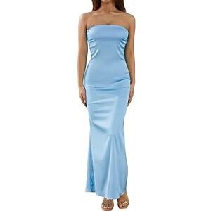 Femereina Vestito Lungo Da Donna Sexy Senza Spalline Increspato Maxi