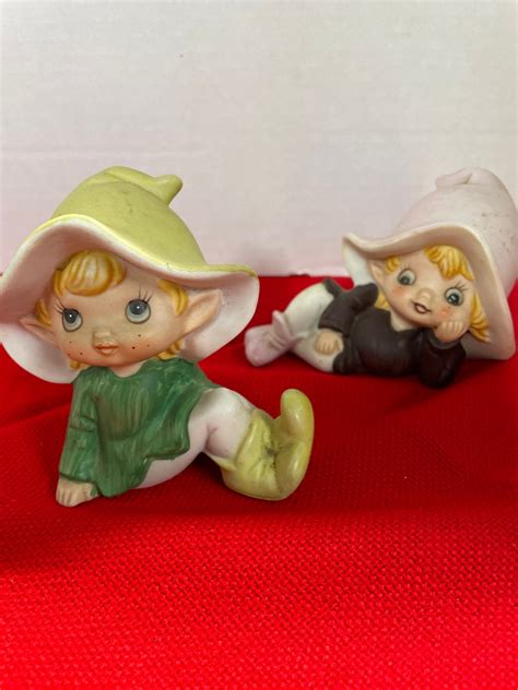 Pixie Elf Figurines Vintage Homco 5213 Homeco Porcelain Big Etsy