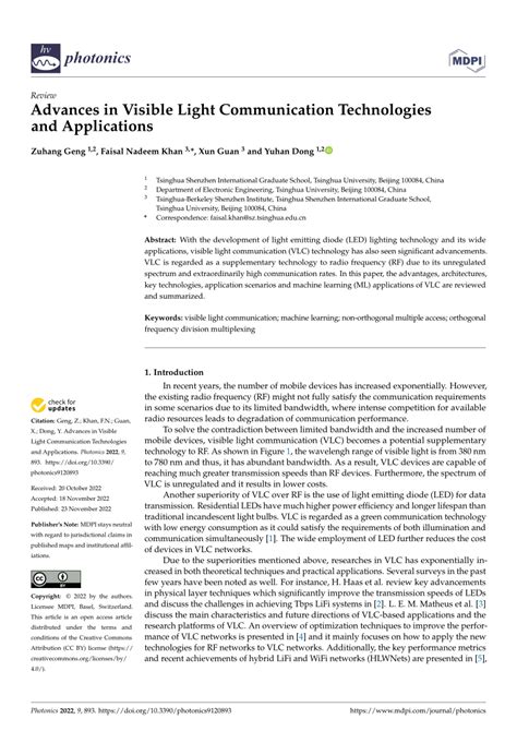 Pdf Advances In Visible Light Communication Technologies And Applications