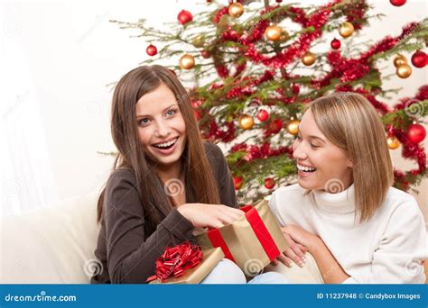 Two Women Unpacking Christmas Present Stock Photo Image Of Caucasian