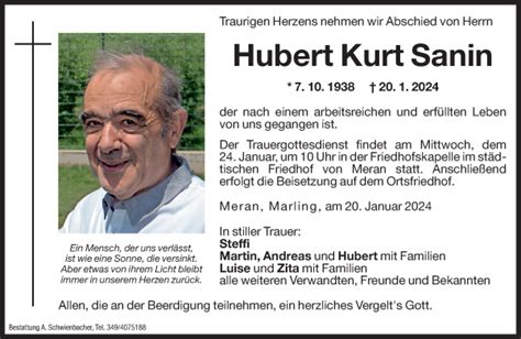 Traueranzeigen Von Hubert Kurt Sanin Trauer Bz