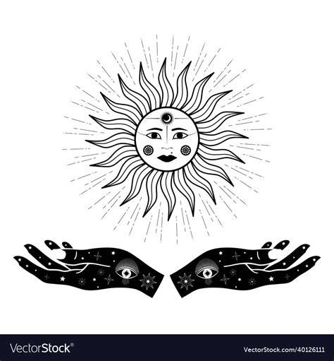 Hand Drawn Sun With Woman Hands Moon Eye Vector Image