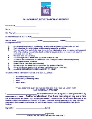 Fillable Online 2013 CAMPING REGISTRATION AGREEMENT Fax Email Print