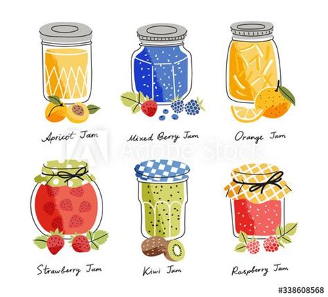 Set Of Six Colorful Homemade Jams In Trendy Cartoon Style Various