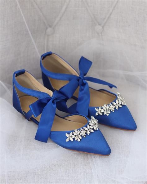 Royal Blue Satin Pointy Toe Flats With Floral Rhinestones And Etsy