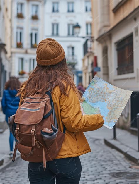 Premium Photo | European travel guide for female tourists navigating the streets with a map