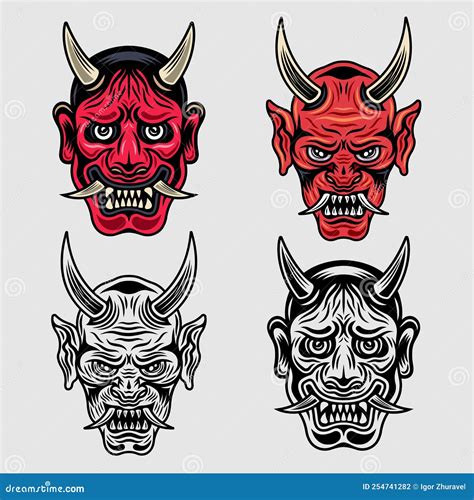 Japanese Culture Demon Masks, Oni And Hannya Set Of Vector Objects In ...