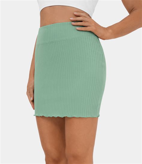 Womens Ribbed Knit High Waisted Lettuce Trim Bodycon Mini Casual Skirt