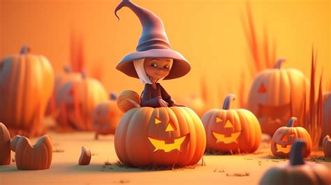 Witch Pumpkin 3d Illustration Halloween Themed Background With Cartoon And Bearing Broomstick