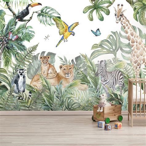 Aquarelle Jungle Murale Murale Papier Peint Pour Enfants Etsy France