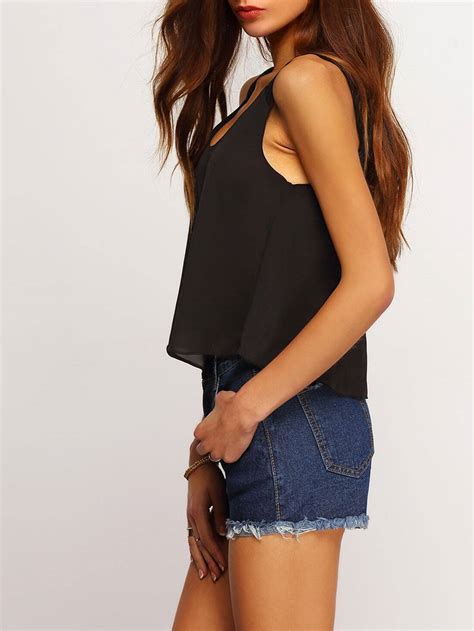 Black Scoop Neck Hollow Tank Top Shein Sheinside