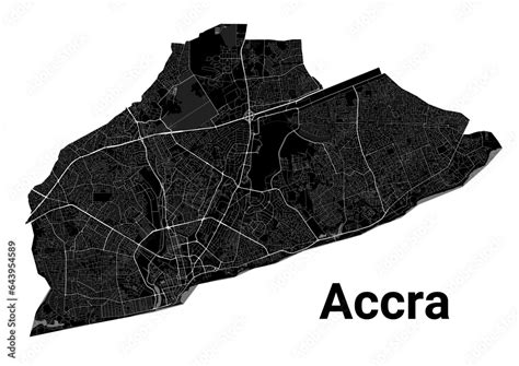 Accra, Ghana map. Detailed black map of Accra city poster with roads ...