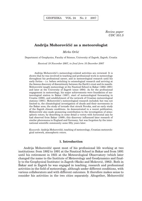 (PDF) Andrija Mohorovicic as a meteorologist