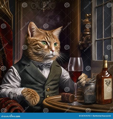 Distinguished Ore Gentleman Cat Drinks Scotch Whiskey Stock
