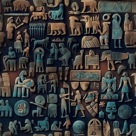 Ancient Sumerian pictographs of olden rituals and creatures a blue and ...