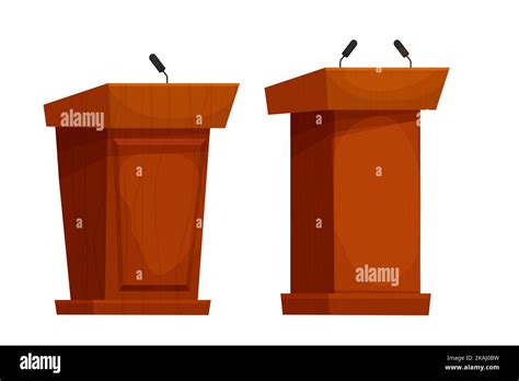 Wooden Speech Tribune Orator Podium With Microphone In Cartoon Style