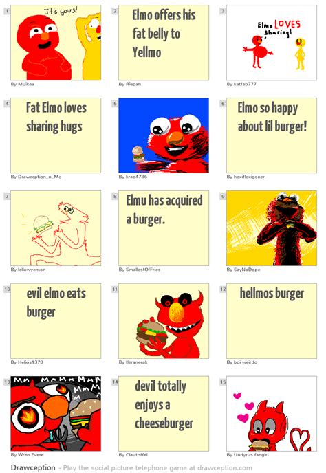 Elmo offers his fat belly to Yellmo - Drawception