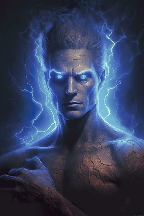 A man in a metal body with blue eyes looking at lightning. AI ...