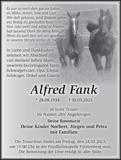 Traueranzeigen Von Alfred Fank M Rkische Onlinezeitung Trauerportal