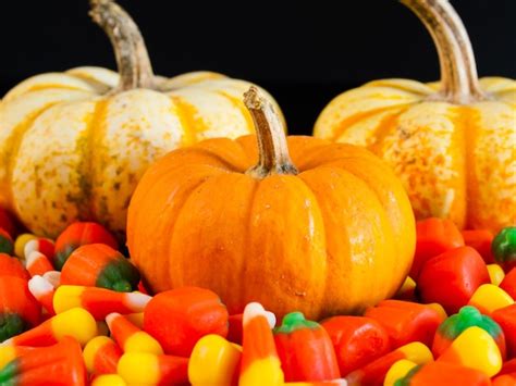 Premium Photo | Halloween candy corn and pumpkin candies on black background.