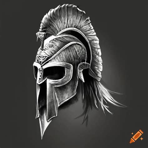 Black And White Antient Greek Warrior With Helmet And Spear Tattoo