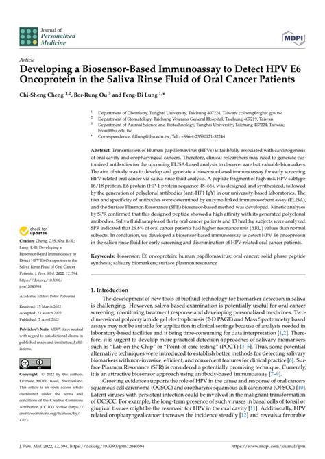 Pdf Developing A Biosensor Based Immunoassay To Detect Hpv E6 Oncoprotein In The Saliva Rinse