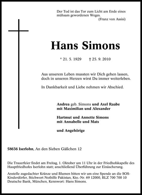 Traueranzeigen Von Hans Simons Trauer In Nrw De