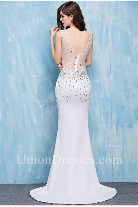 Elegant Mermaid V Neck Silver Satin Tulle Beaded Sheer Prom Dress