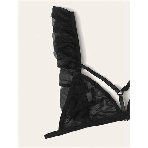 Sexy See Through Mesh Strappy Bralette And Panties Ruffle Trim Sleepwear Lingerie N