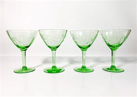 Vintage Green Depression Glass Champagne Coupes Glasses Stemware