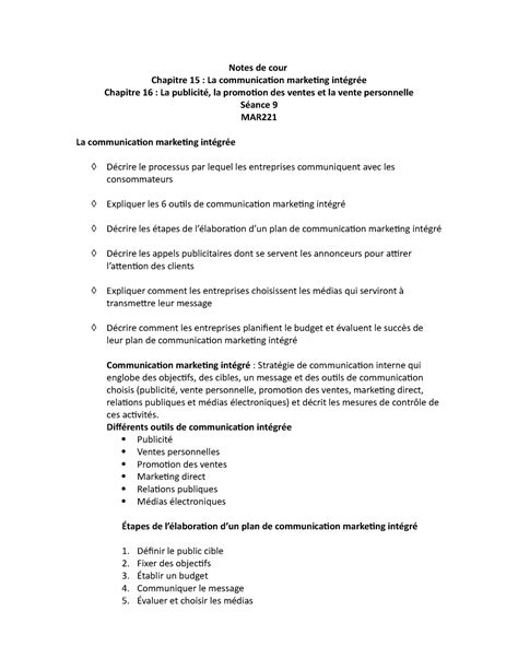 Séance 9 NDC MAR221 Notes de cours 9 Notes de cour Chapitre 15