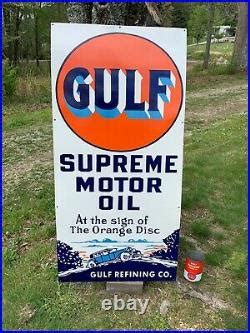 GULF SUPREME MOTOR OIL X LARGE HEAVY PORCELAIN SIGN 52x 25 NEAR MINT