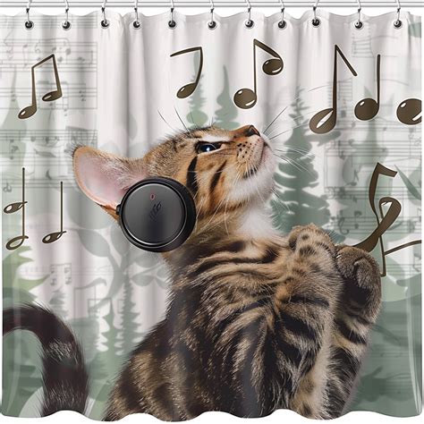 Whimsical Cat Music Lover Shower Curtain Cartoon Style With Forest