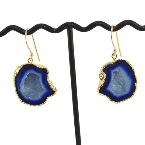 Wholesale Collection Natural Blue Geode Druzy Earring Brass 24k Electroplated Hanging Dangling