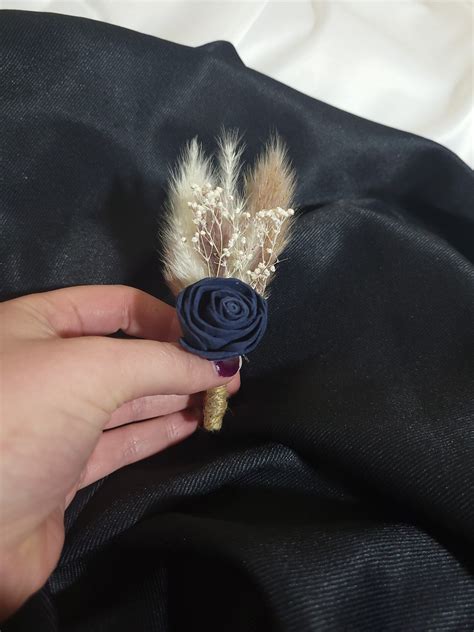 Navy Blue Pampas Wood Corsage And Boutonniere Set Boho Wedding