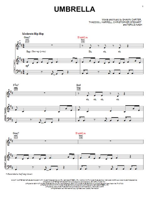 Umbrella By Rihanna Featuring Jay Z Sheet Music For Piano Vocal And Guitar Chords Right Hand